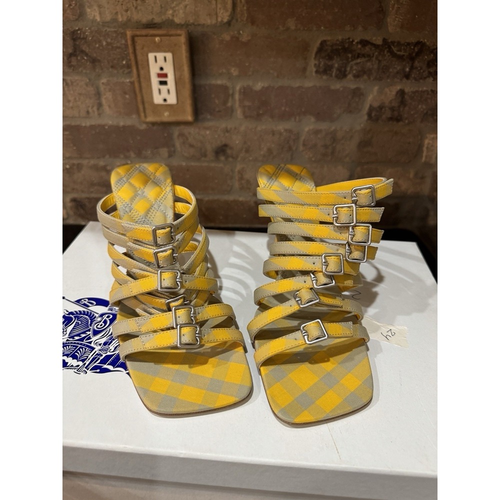 Authentic Burberry Women Yellow Beige CARMINE STRAP Check Stiletto Sandals - Picture 8 of 13